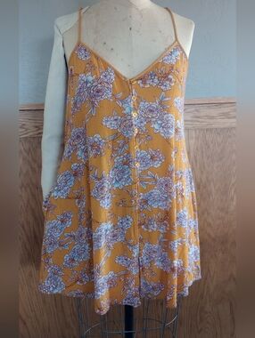 Sunny Mustard Floral Mini Dress with Pockets Size Small